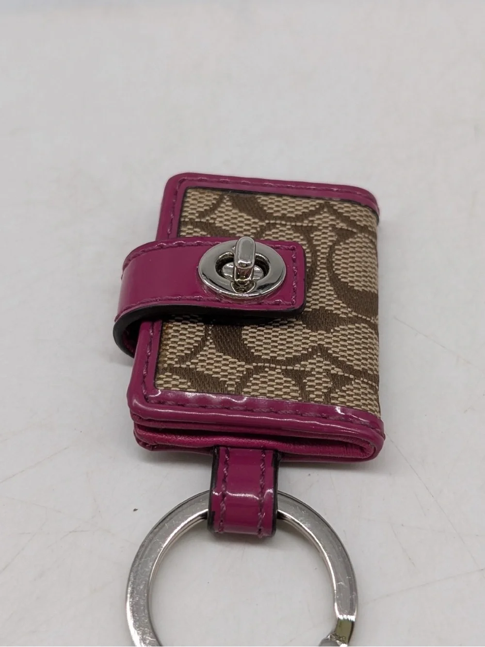 Coach Brown Signature Key chain photo locket with Pink Patent Trim
